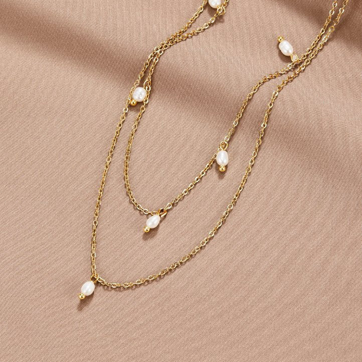 Multilayer Necklace with Pearl Drops