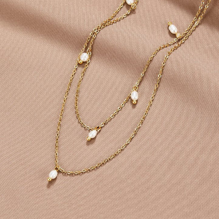 Multilayer Necklace with Pearl Drops