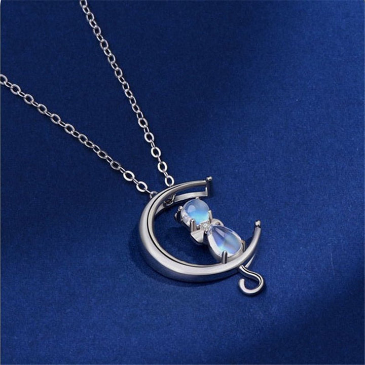 Crescent moon and cat necklace with moonstone