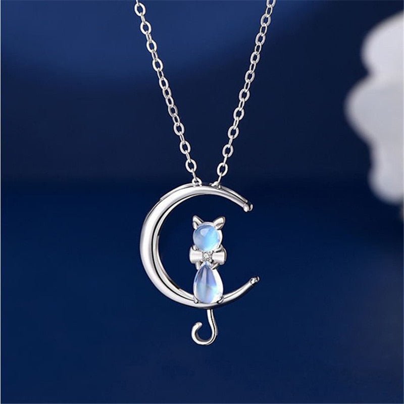Crescent moon and cat necklace with moonstone