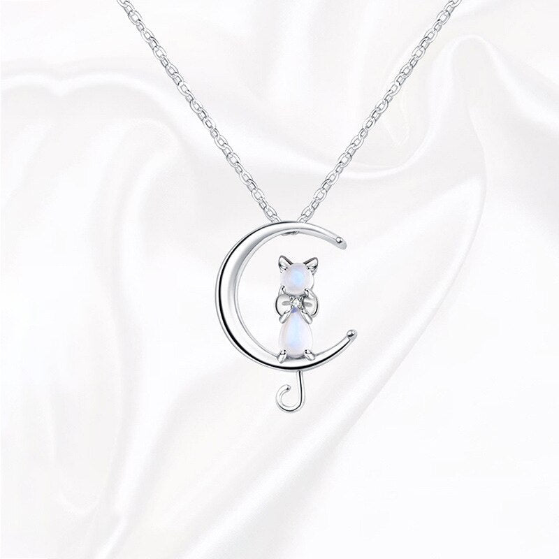 Crescent moon and cat necklace with moonstone