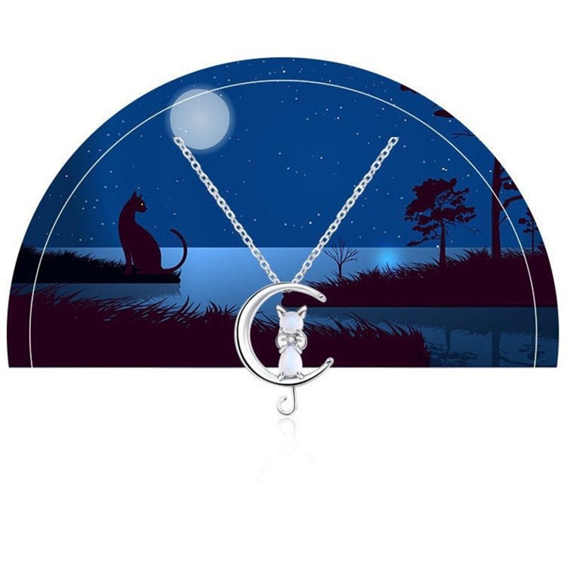 Crescent moon and cat necklace with moonstone