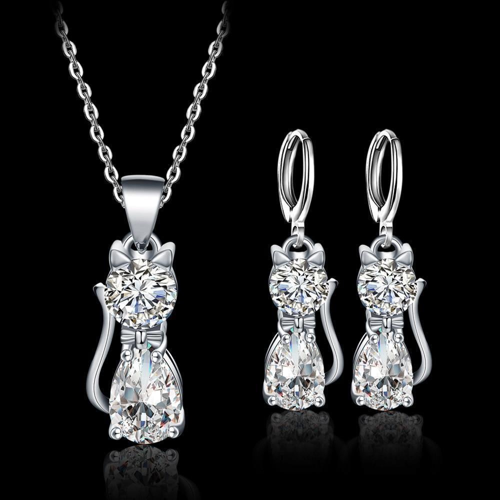Sterling Silver Necklace and Earrings Set with Happy Cats and Polished White Zirconia