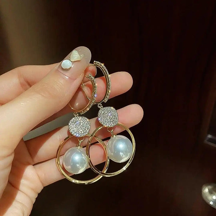 Earrings with Freshwater Pearls and Diamond-Studded Balls
